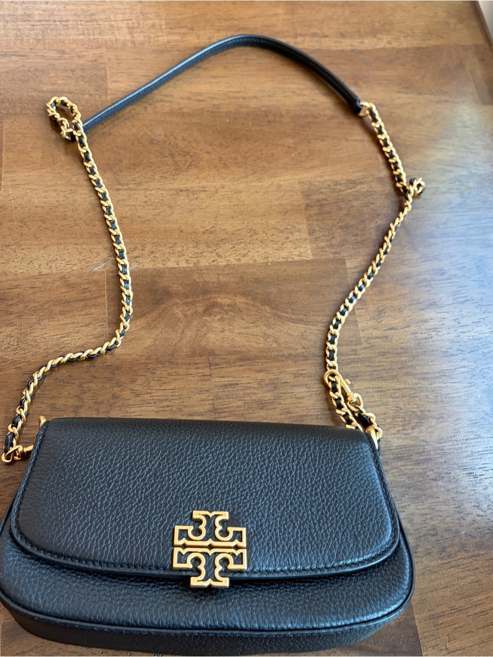 Tory Burch Black Leather Mini Chain Crossbody with Gold Logo